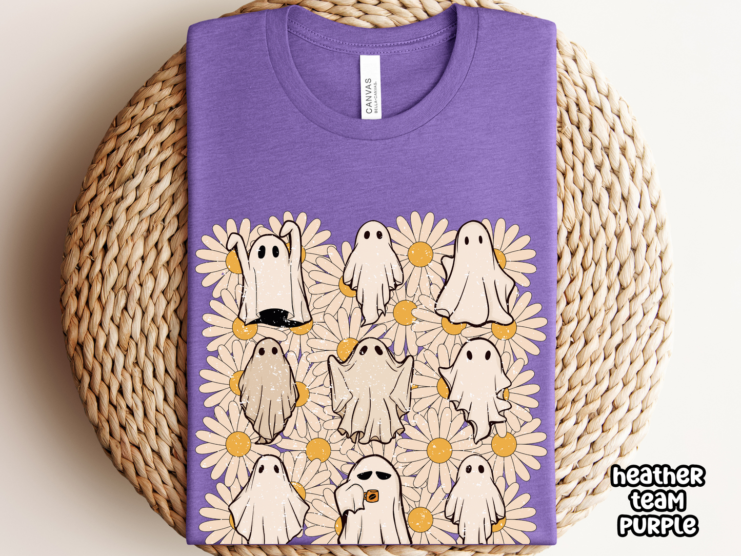 Ghost with Coffee and Daisies Retro Halloween Shirt