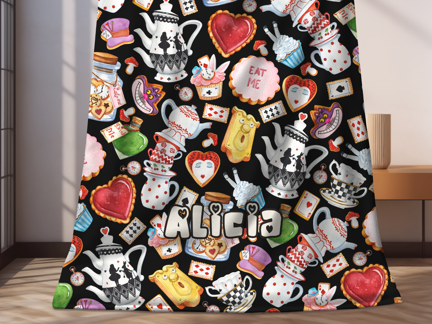 Alice Wonderland Sweets Custom Name Ultra-Soft Throw Blanket | In Black