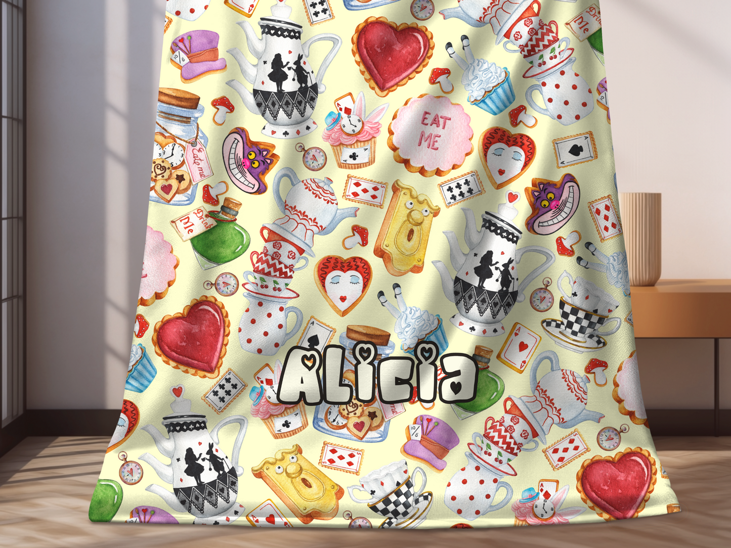 Alice Wonderland Sweets Custom Name Ultra-Soft Throw Blanket | In Cream