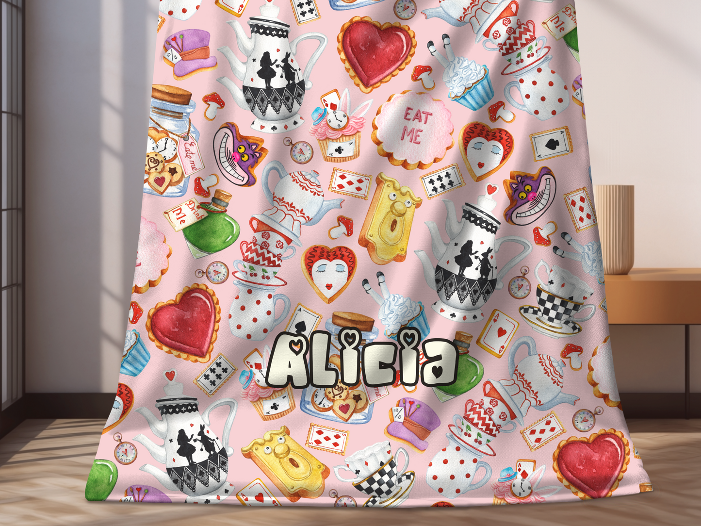 Alice Wonderland Sweets Custom Name Ultra-Soft Throw Blanket | In Pink