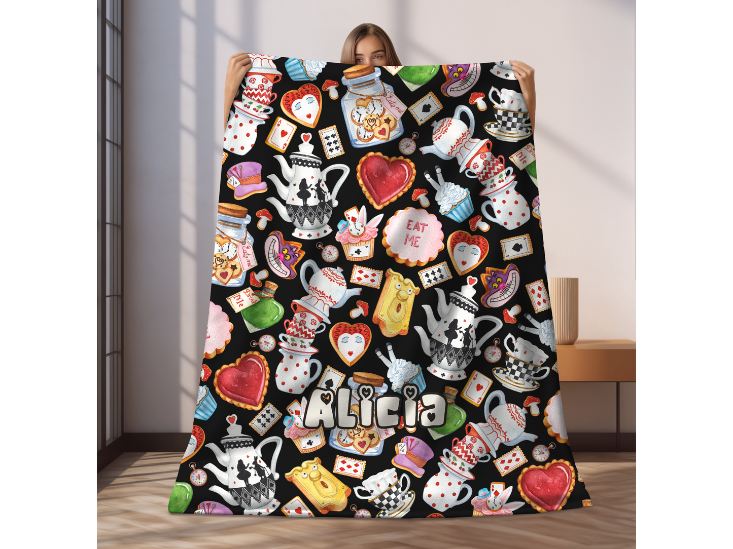 Alice Wonderland Sweets Custom Name Ultra-Soft Throw Blanket | In Black