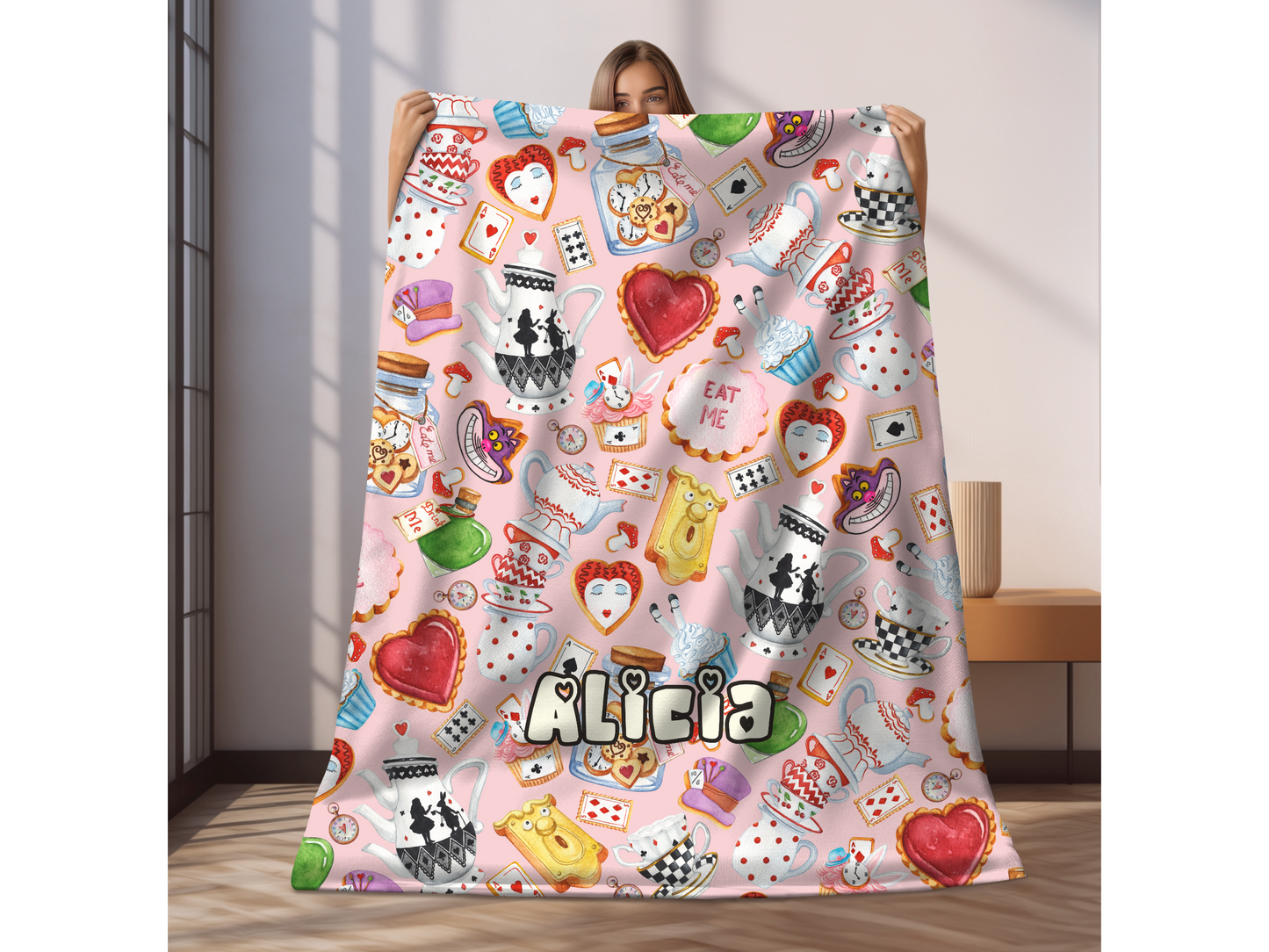 Alice Wonderland Sweets Custom Name Ultra-Soft Throw Blanket | In Pink