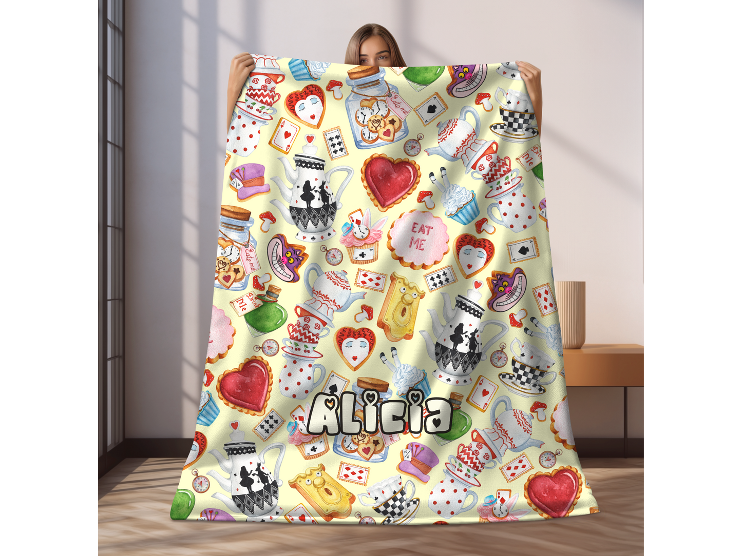 Alice Wonderland Sweets Custom Name Ultra-Soft Throw Blanket | In Cream