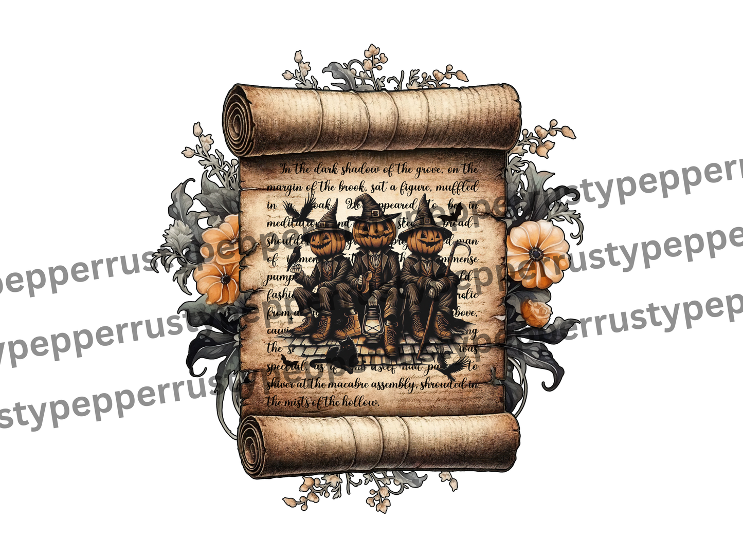 Sleepy Halloween Victorian Pumpkin Scroll PNG File