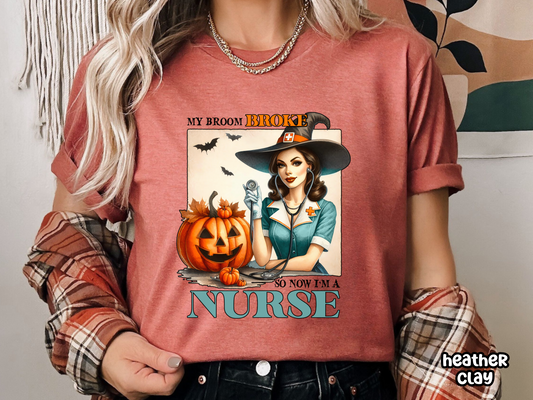 My Broom Broke Witchy Nurses Halloween Tee