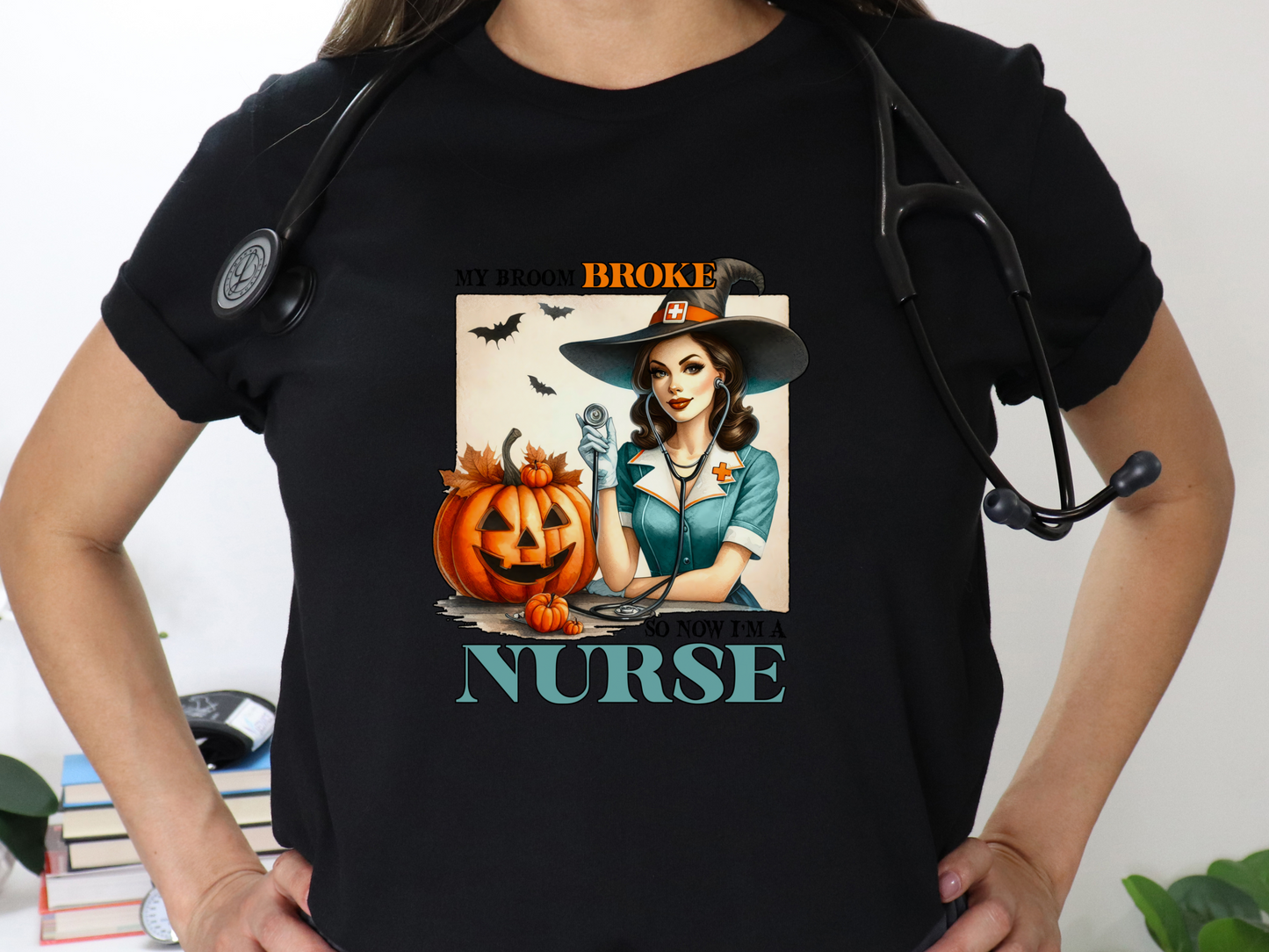 My Broom Broke Witchy Nurses Halloween Tee