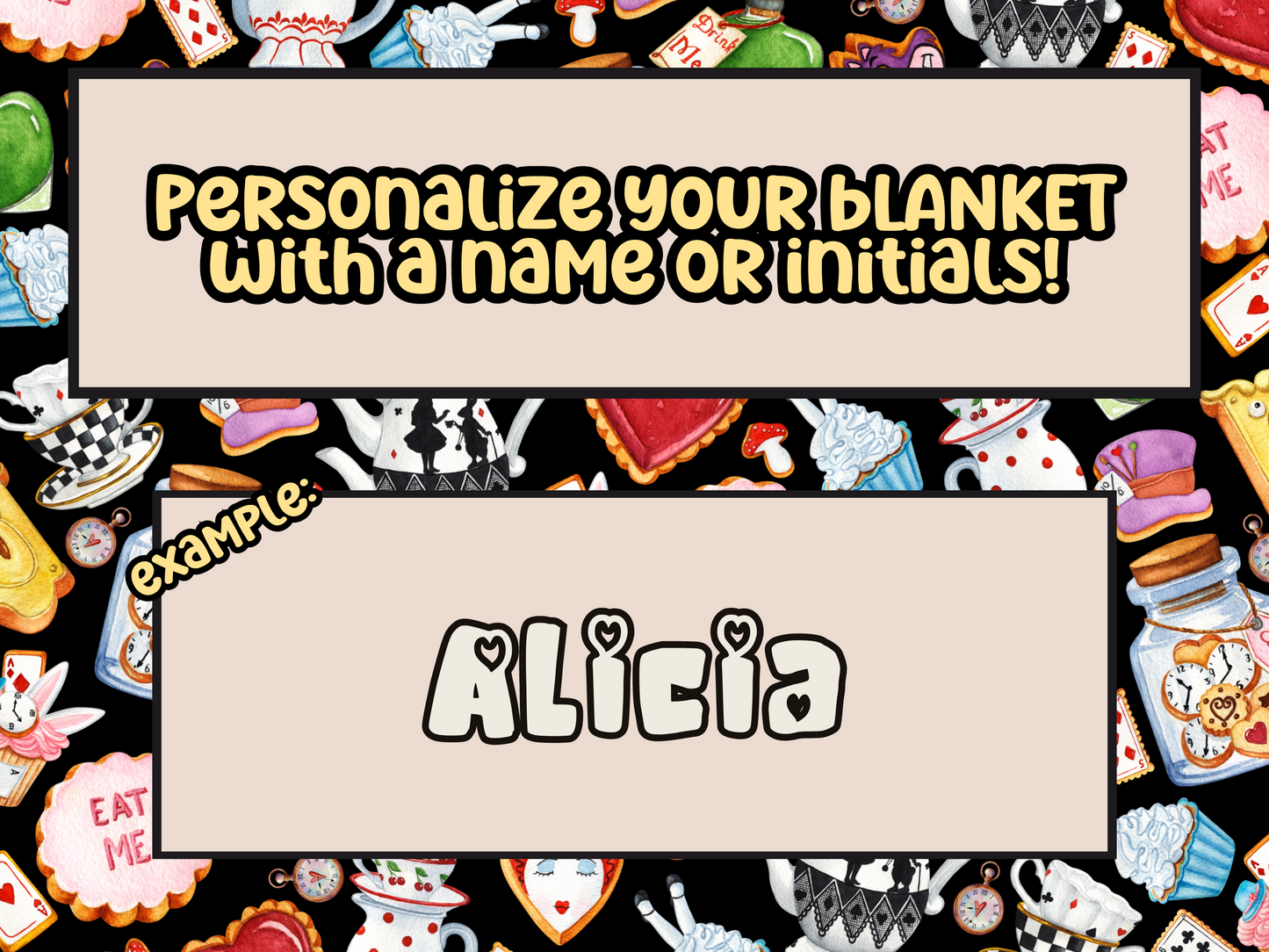 Alice Wonderland Sweets Custom Name Ultra-Soft Throw Blanket | In Black