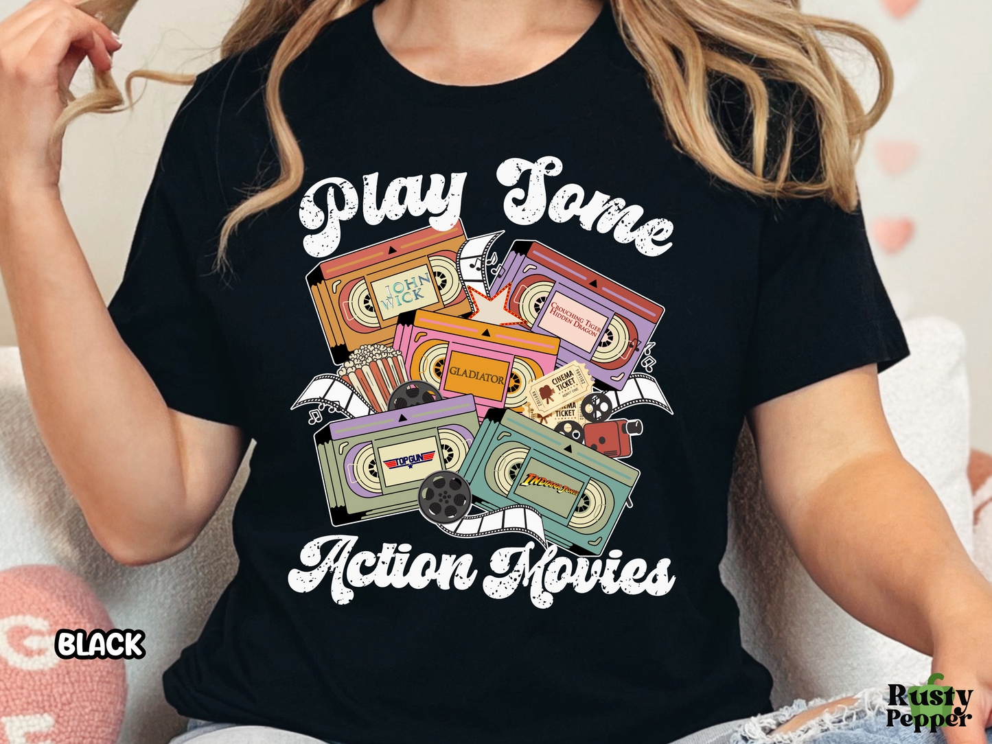 Action Movies Play Some Action Films VHS Tape Custom Movie Tee