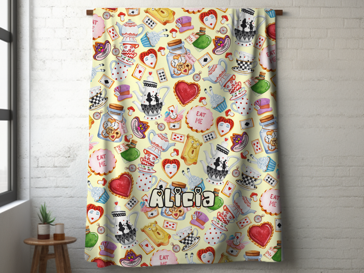 Alice Wonderland Sweets Custom Name Ultra-Soft Throw Blanket | In Cream