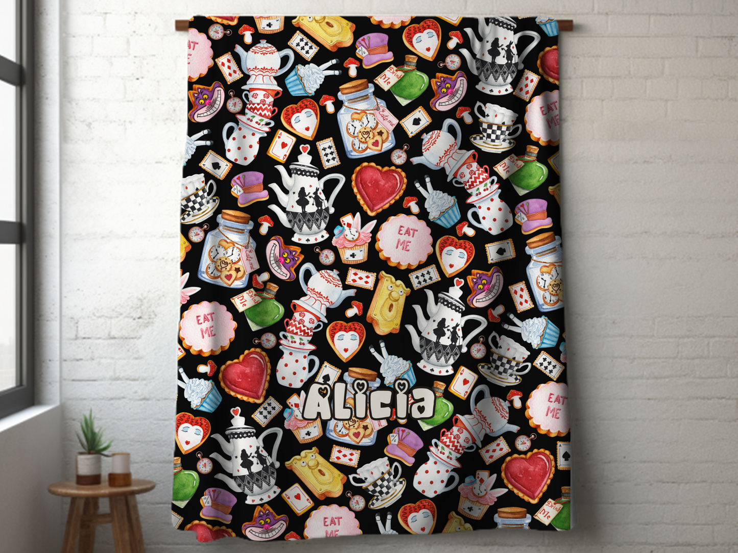 Alice Wonderland Sweets Custom Name Ultra-Soft Throw Blanket | In Black