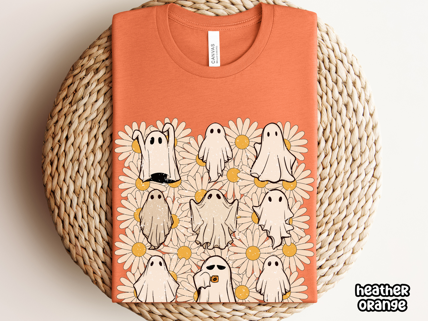 Ghost with Coffee and Daisies Retro Halloween Shirt