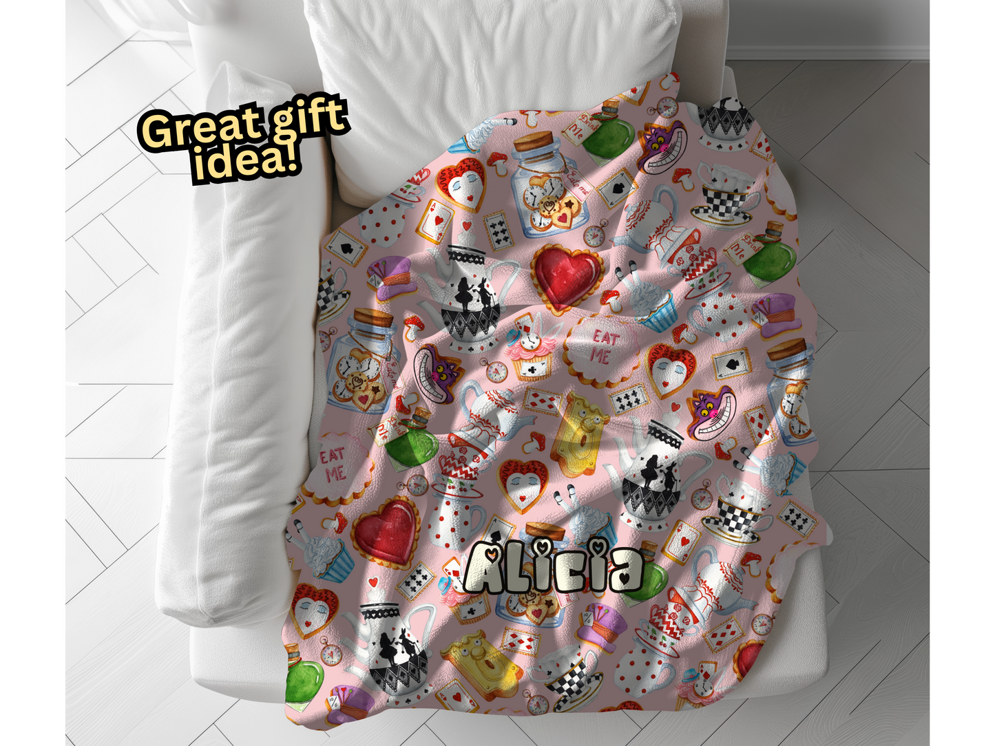 Alice Wonderland Sweets Custom Name Ultra-Soft Throw Blanket | In Pink