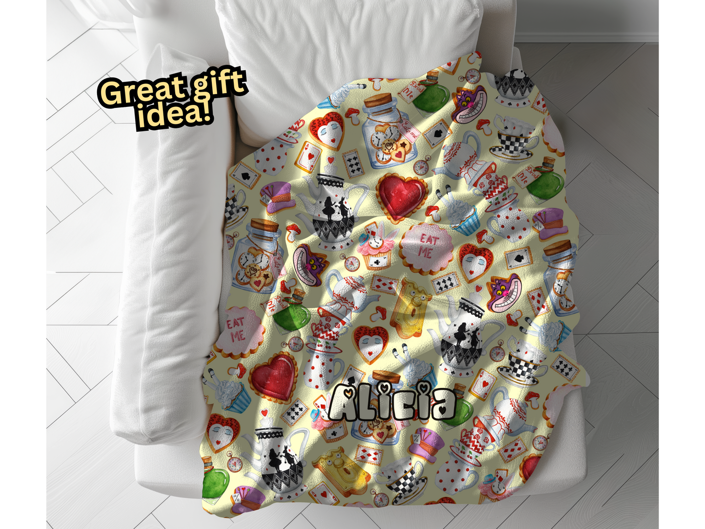 Alice Wonderland Sweets Custom Name Ultra-Soft Throw Blanket | In Cream