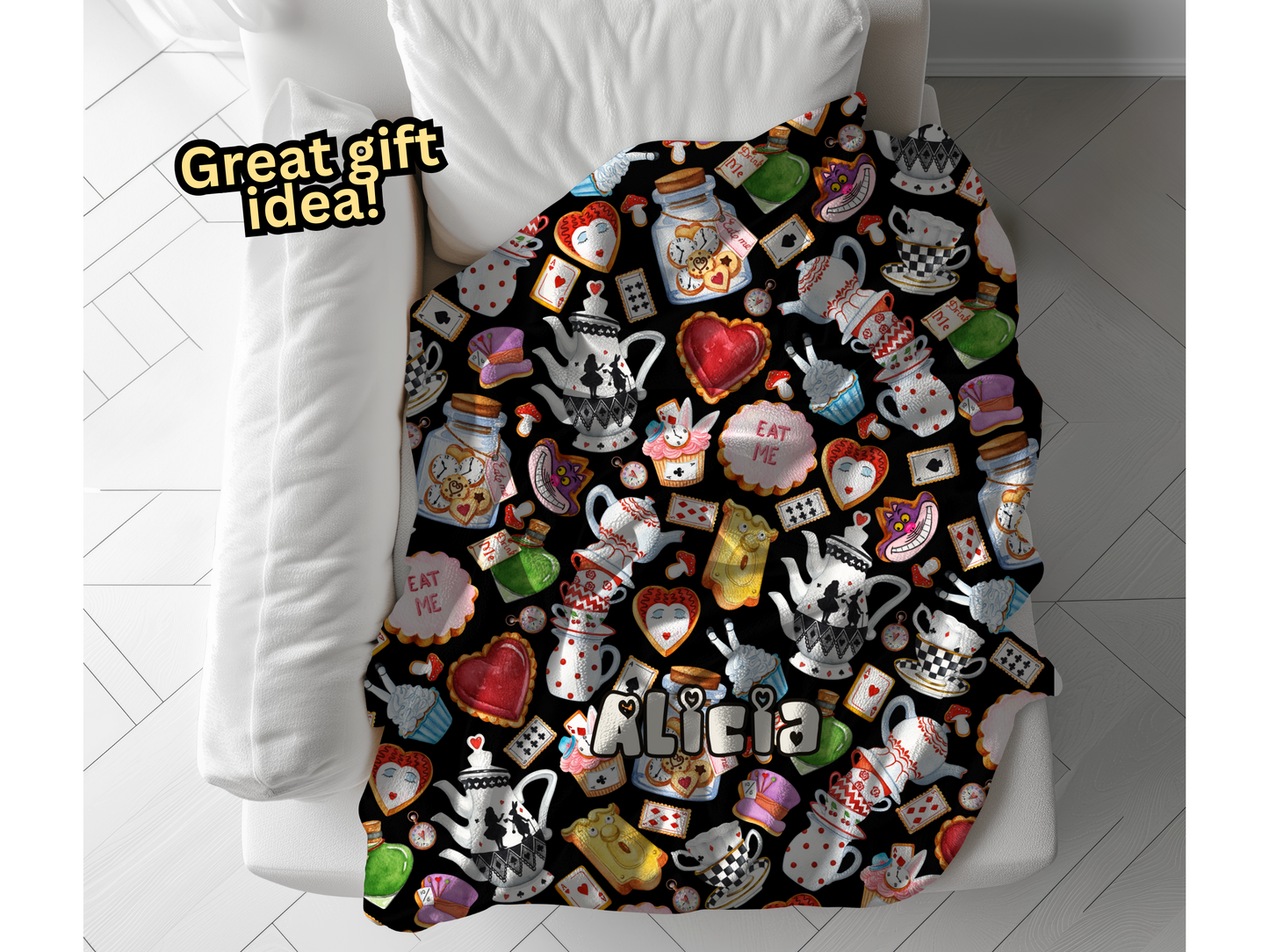 Alice Wonderland Sweets Custom Name Ultra-Soft Throw Blanket | In Black