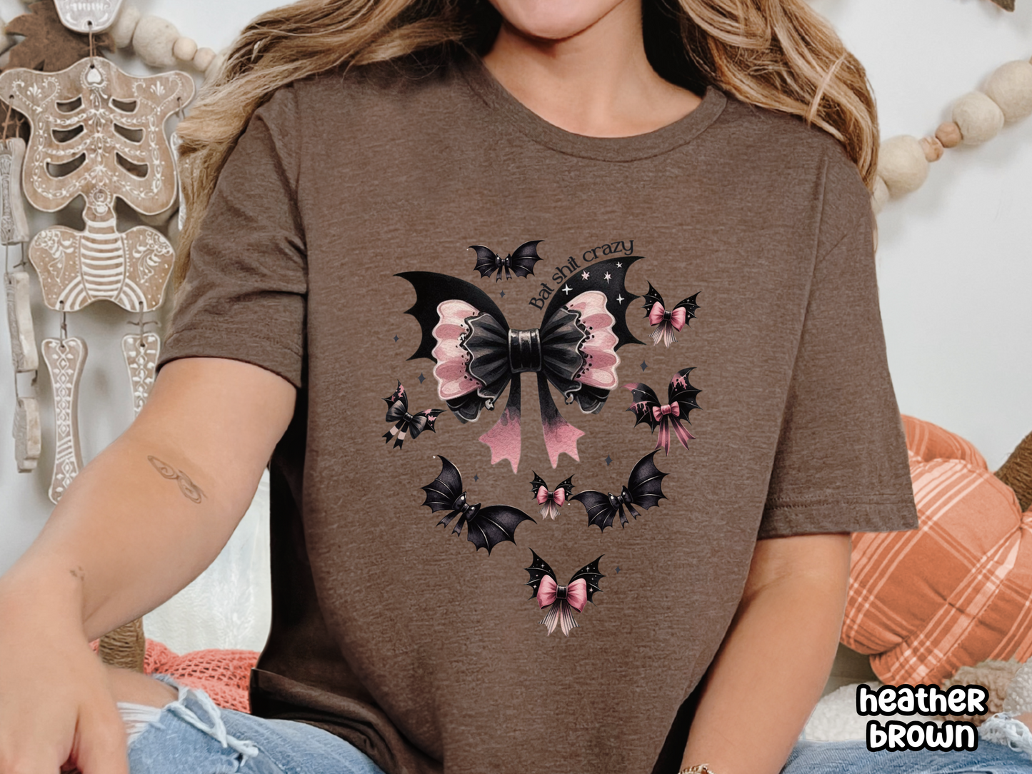 Halloween Bats Black & Pink Coquette Bows Tee