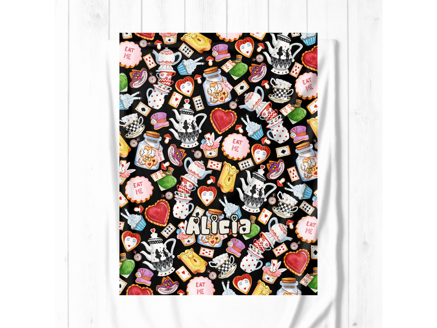 Alice Wonderland Sweets Custom Name Ultra-Soft Throw Blanket | In Black