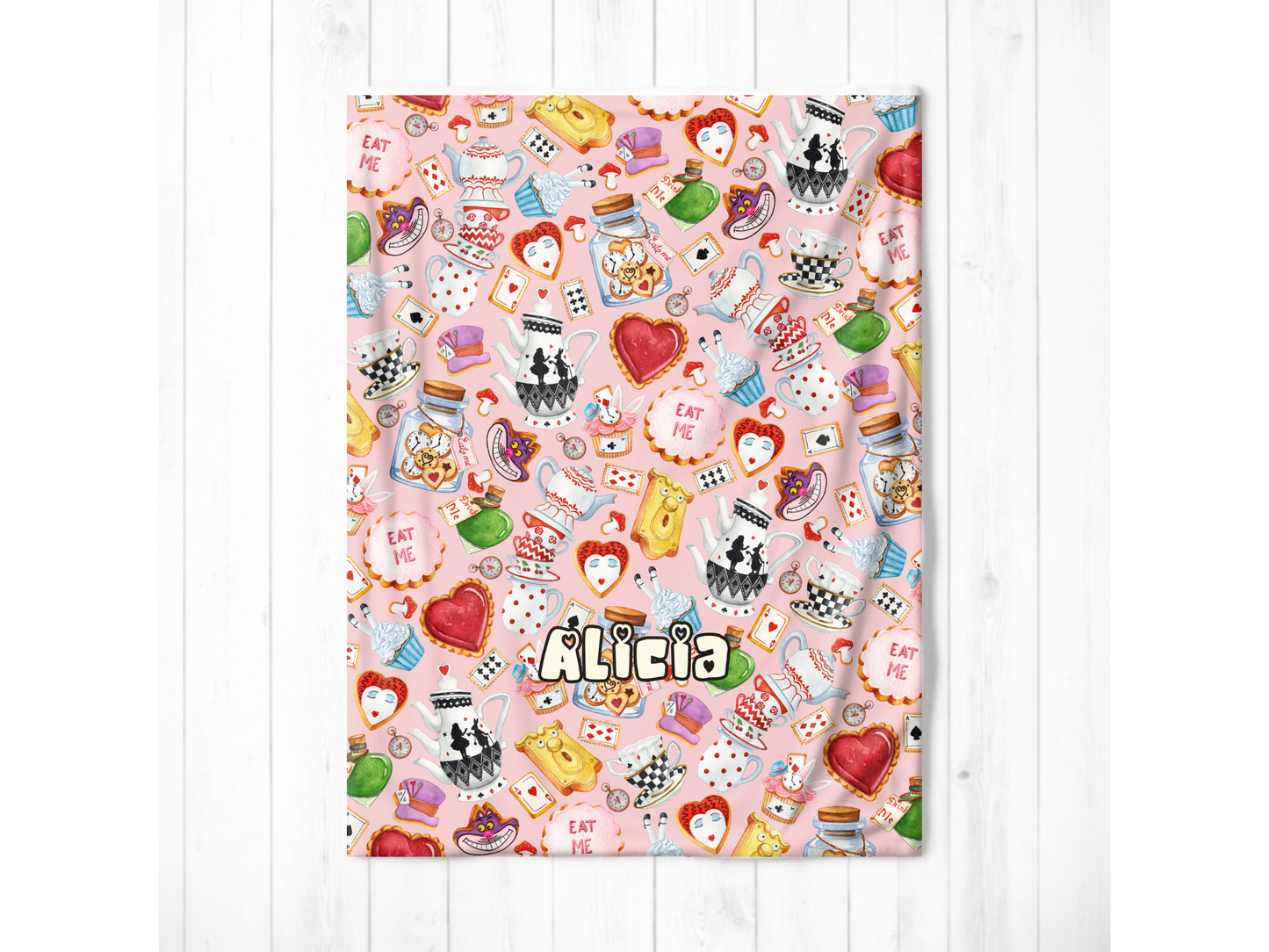 Alice Wonderland Sweets Custom Name Ultra-Soft Throw Blanket | In Pink