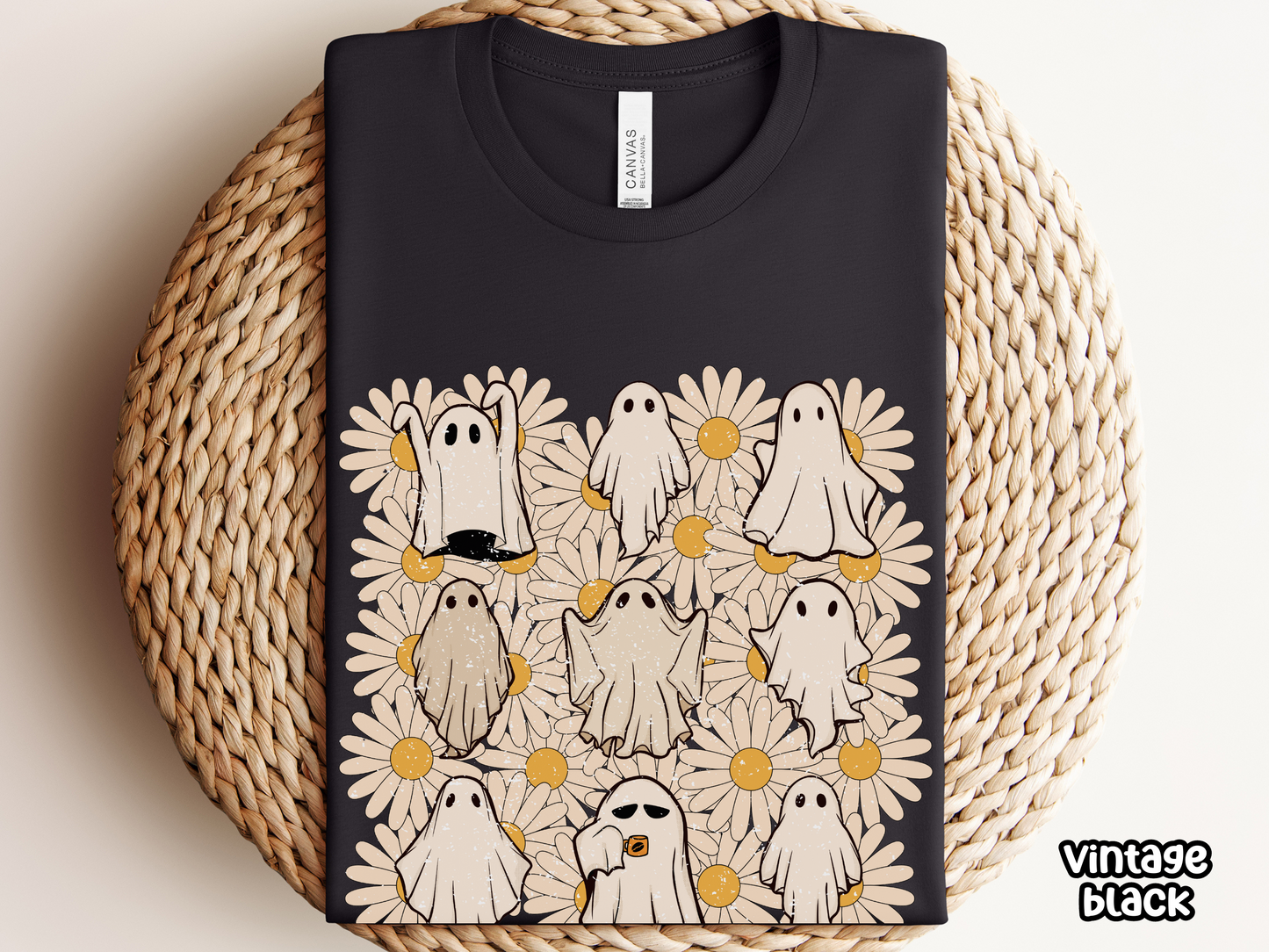 Ghost with Coffee and Daisies Retro Halloween Shirt