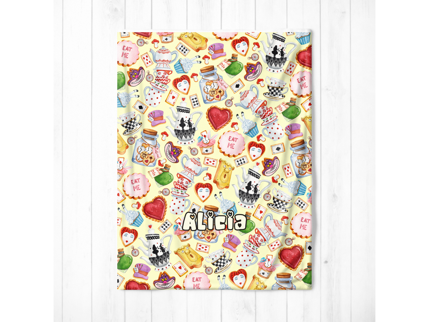 Alice Wonderland Sweets Custom Name Ultra-Soft Throw Blanket | In Cream