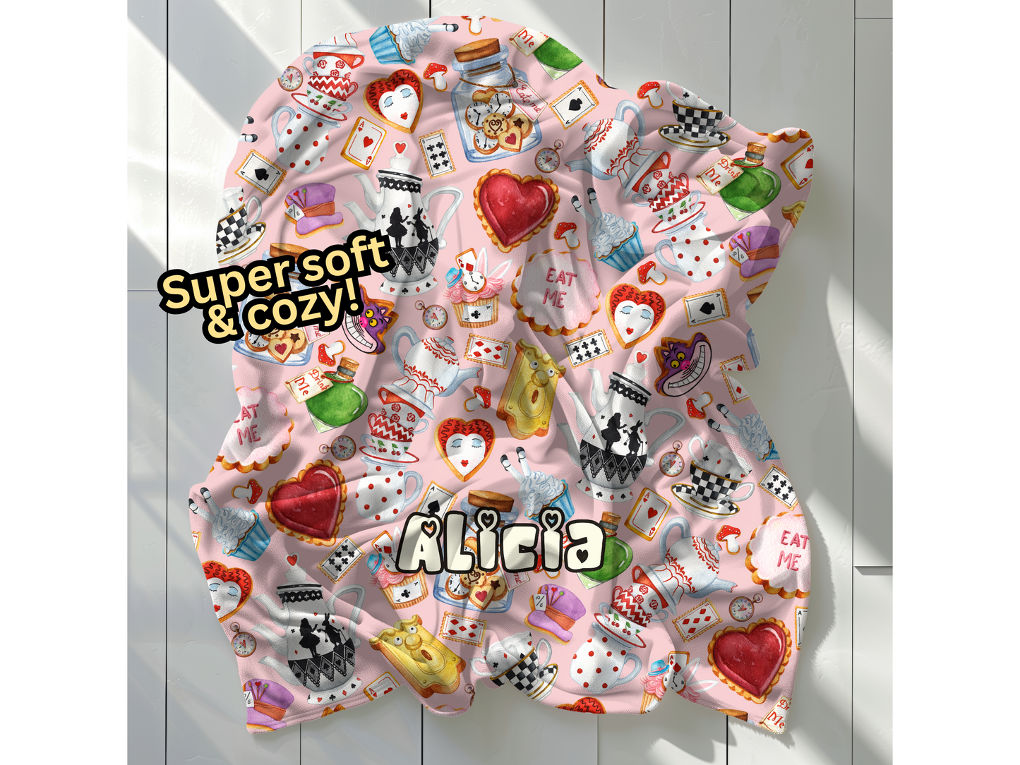 Alice Wonderland Sweets Custom Name Ultra-Soft Throw Blanket | In Pink