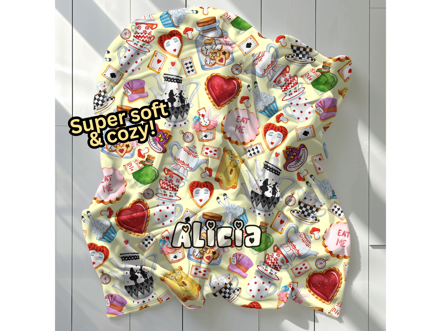 Alice Wonderland Sweets Custom Name Ultra-Soft Throw Blanket | In Cream