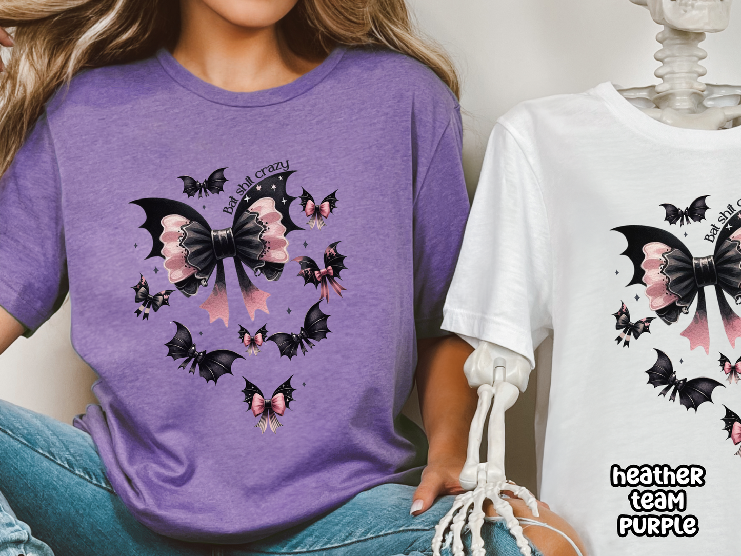 Halloween Bats Black & Pink Coquette Bows Tee