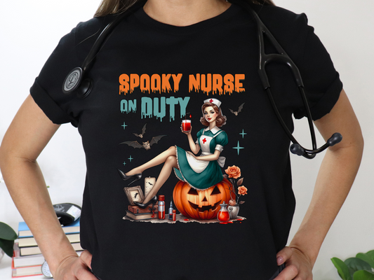 Spooky Nurse On Duty Pinup Style Halloween Nursing Tee